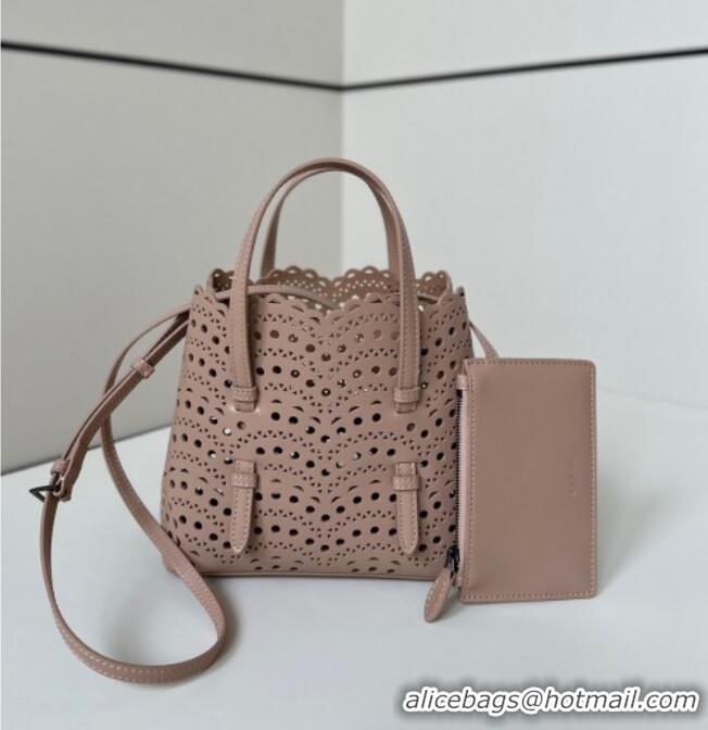 Luxury Cheap Alaia Mina Tote Bag in Vienne Openwork Leather 8819S Pink 2025