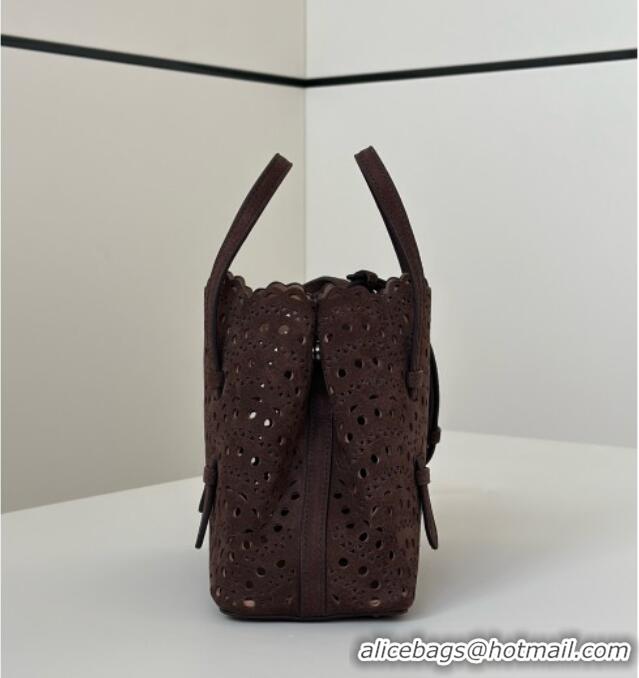 Top Grade Alaia Mina Tote Bag in Vienne Openwork Suede 8819S Dark Brown 2025
