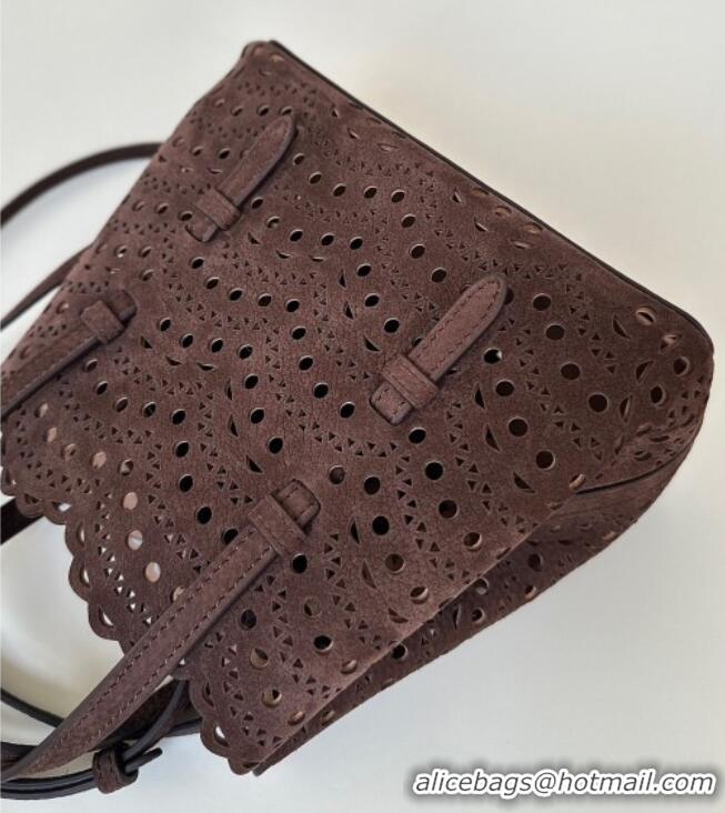 Top Grade Alaia Mina Tote Bag in Vienne Openwork Suede 8819S Dark Brown 2025
