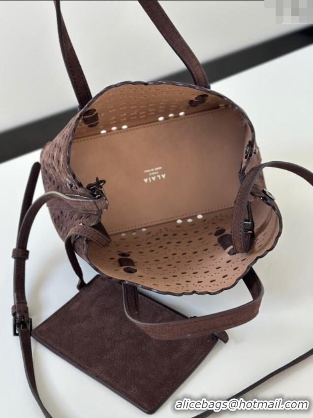 Top Grade Alaia Mina Tote Bag in Vienne Openwork Suede 8819S Dark Brown 2025