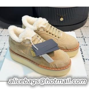 Stylish Prada Suede and Wool Platform Mid-top Sneakers 5cm Beige 2025 1T725N 1027095