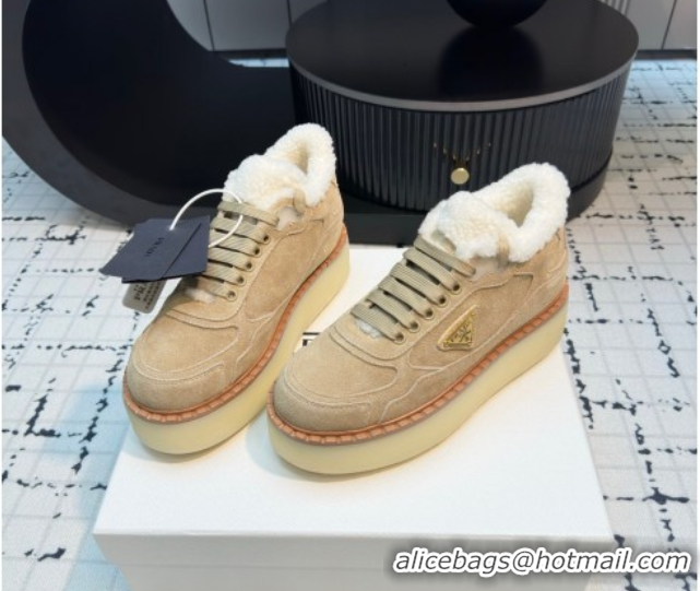 Stylish Prada Suede and Wool Platform Mid-top Sneakers 5cm Beige 2025 1T725N 1027095