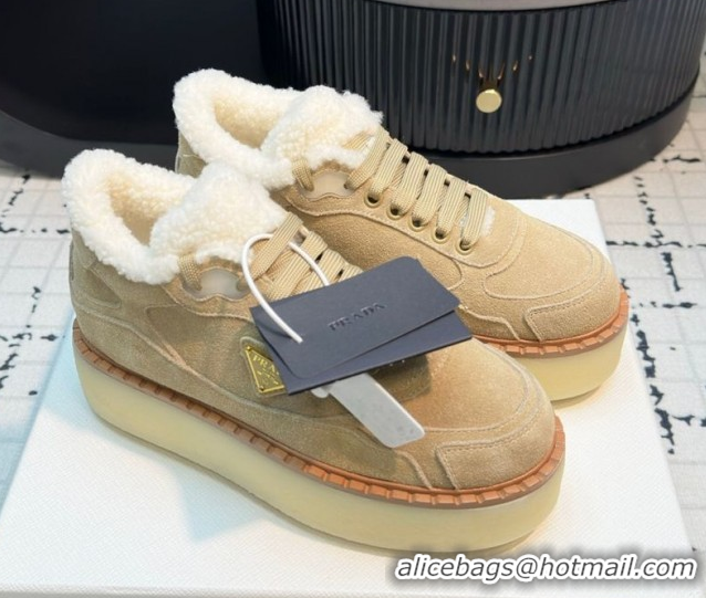 Stylish Prada Suede and Wool Platform Mid-top Sneakers 5cm Beige 2025 1T725N 1027095