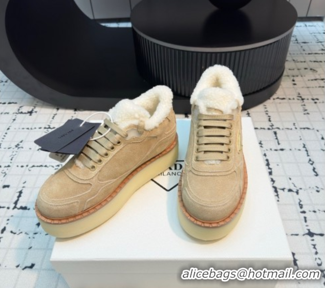 Stylish Prada Suede and Wool Platform Mid-top Sneakers 5cm Beige 2025 1T725N 1027095