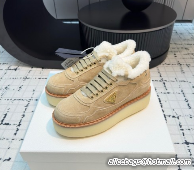 Stylish Prada Suede and Wool Platform Mid-top Sneakers 5cm Beige 2025 1T725N 1027095