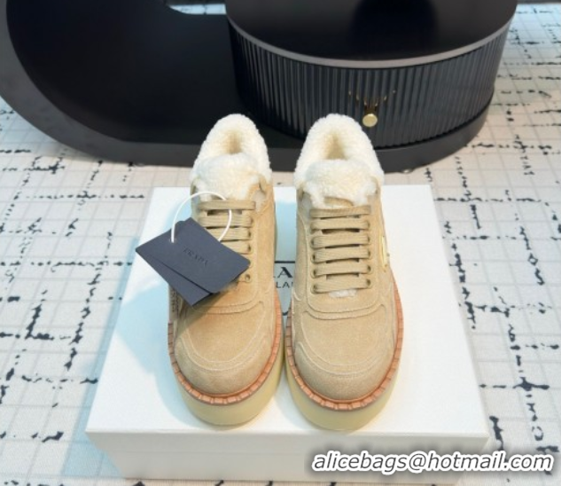 Stylish Prada Suede and Wool Platform Mid-top Sneakers 5cm Beige 2025 1T725N 1027095