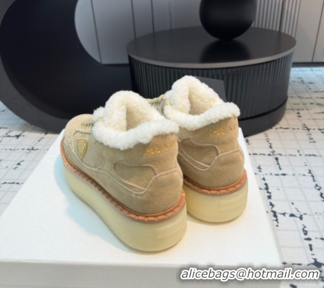 Stylish Prada Suede and Wool Platform Mid-top Sneakers 5cm Beige 2025 1T725N 1027095