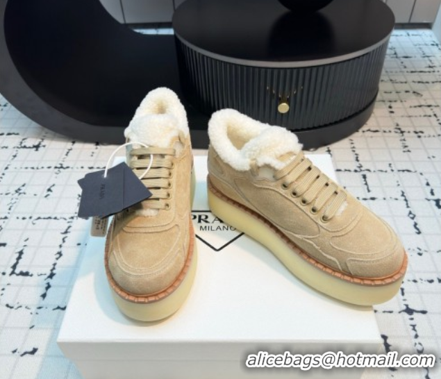 Stylish Prada Suede and Wool Platform Mid-top Sneakers 5cm Beige 2025 1T725N 1027095