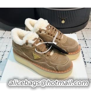 Top Grade Prada Suede and Wool Platform Mid-top Sneakers 5cm Brown2 2025 1T725N 1027096