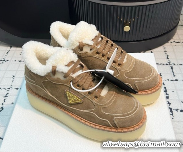 Top Grade Prada Suede and Wool Platform Mid-top Sneakers 5cm Brown2 2025 1T725N 1027096