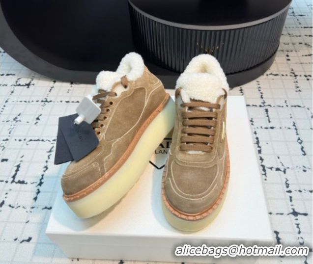 Top Grade Prada Suede and Wool Platform Mid-top Sneakers 5cm Brown2 2025 1T725N 1027096