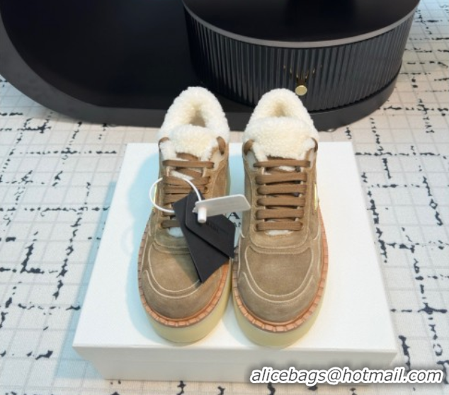 Top Grade Prada Suede and Wool Platform Mid-top Sneakers 5cm Brown2 2025 1T725N 1027096