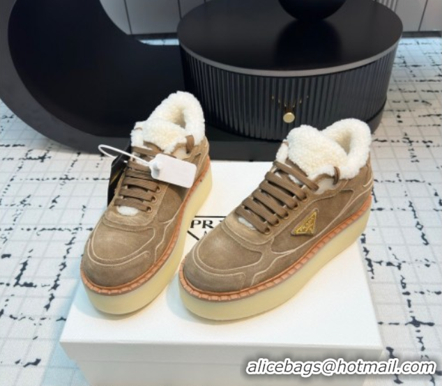 Top Grade Prada Suede and Wool Platform Mid-top Sneakers 5cm Brown2 2025 1T725N 1027096
