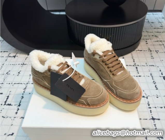 Top Grade Prada Suede and Wool Platform Mid-top Sneakers 5cm Brown2 2025 1T725N 1027096
