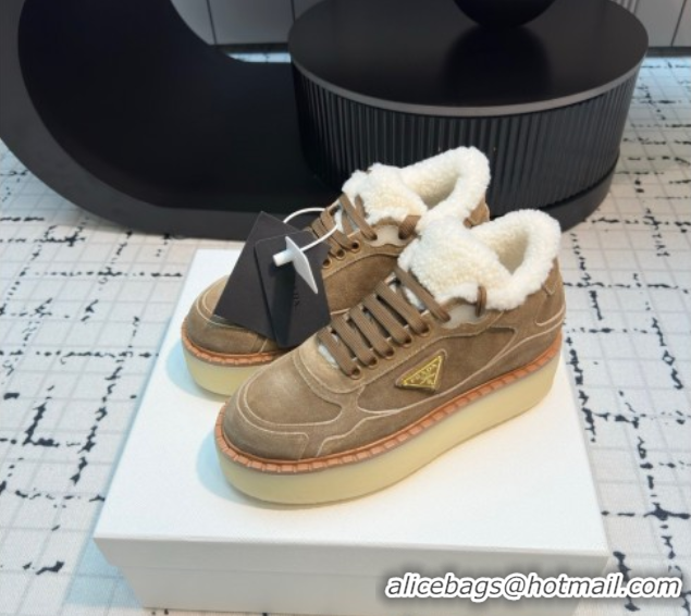 Top Grade Prada Suede and Wool Platform Mid-top Sneakers 5cm Brown2 2025 1T725N 1027096