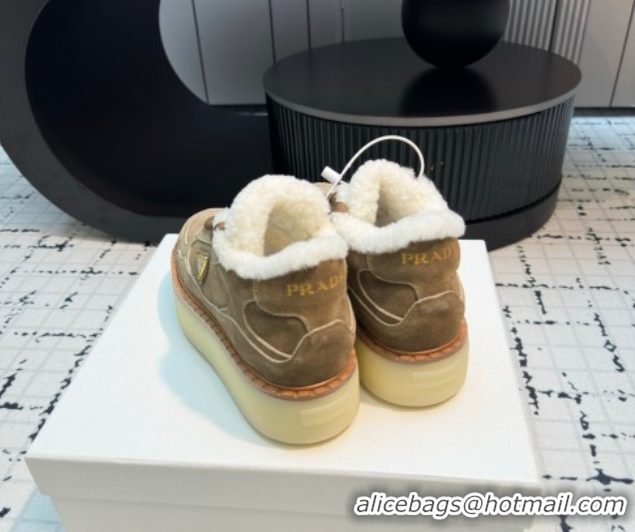 Top Grade Prada Suede and Wool Platform Mid-top Sneakers 5cm Brown2 2025 1T725N 1027096