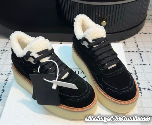 Good Quality Prada Suede and Wool Platform Mid-top Sneakers 5cm Black 2025 1T725N 1027097