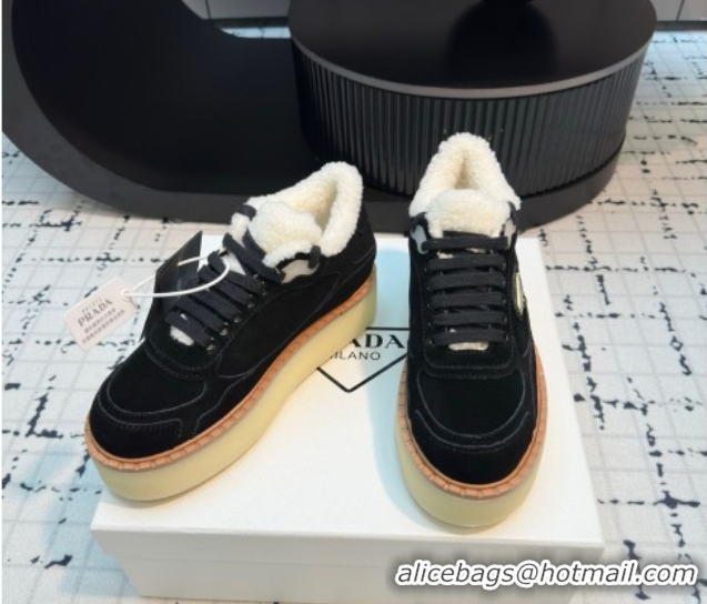 Good Quality Prada Suede and Wool Platform Mid-top Sneakers 5cm Black 2025 1T725N 1027097
