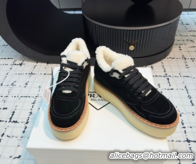 Good Quality Prada Suede and Wool Platform Mid-top Sneakers 5cm Black 2025 1T725N 1027097
