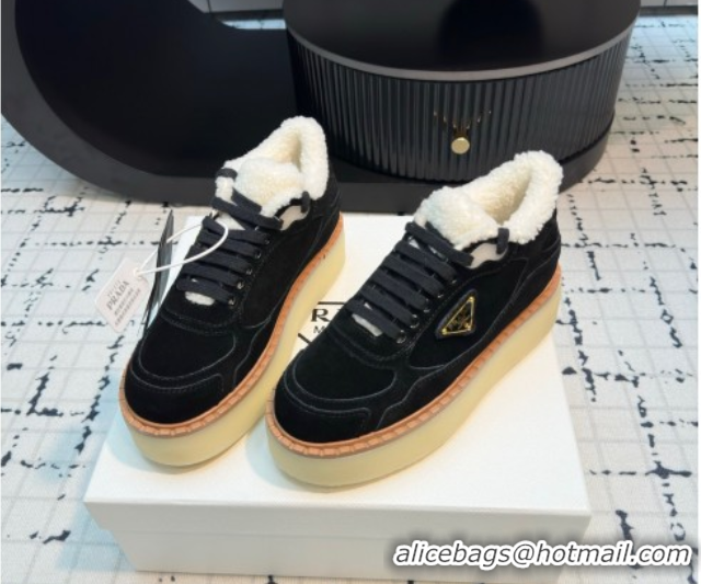 Good Quality Prada Suede and Wool Platform Mid-top Sneakers 5cm Black 2025 1T725N 1027097