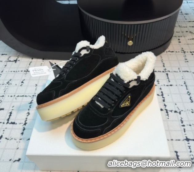 Good Quality Prada Suede and Wool Platform Mid-top Sneakers 5cm Black 2025 1T725N 1027097