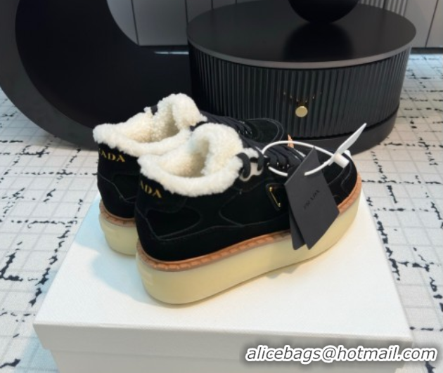 Good Quality Prada Suede and Wool Platform Mid-top Sneakers 5cm Black 2025 1T725N 1027097