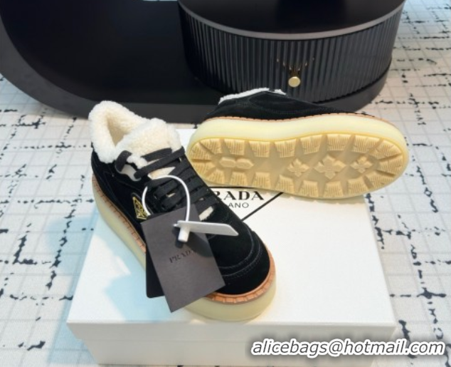 Good Quality Prada Suede and Wool Platform Mid-top Sneakers 5cm Black 2025 1T725N 1027097