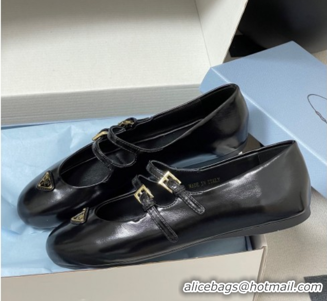 Grade Quality Prada Patent Leather ballerinas flat with Double Buckle Black 2025 1F794N 1027101