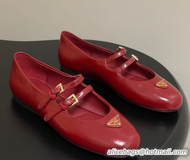 Best Grade Prada Patent Leather ballerinas flat with Double Buckle Red 2025 1F794N 1027102