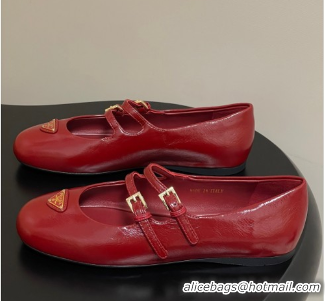 Best Grade Prada Patent Leather ballerinas flat with Double Buckle Red 2025 1F794N 1027102