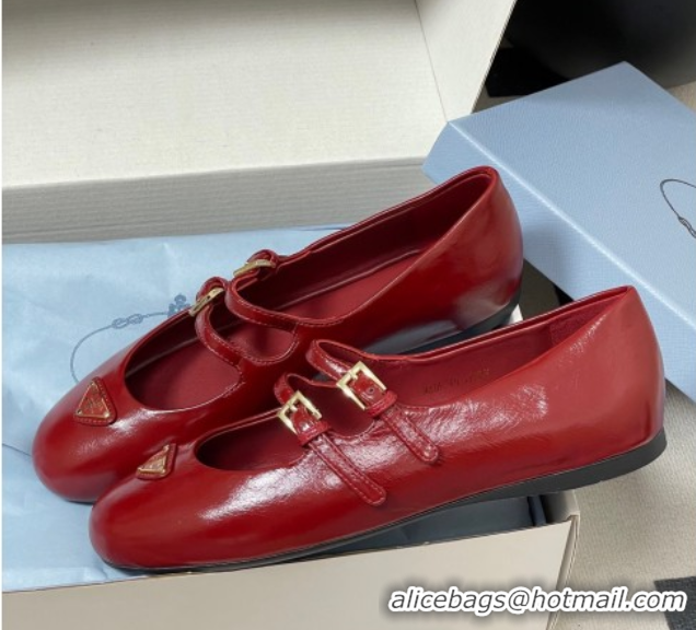 Best Grade Prada Patent Leather ballerinas flat with Double Buckle Red 2025 1F794N 1027102