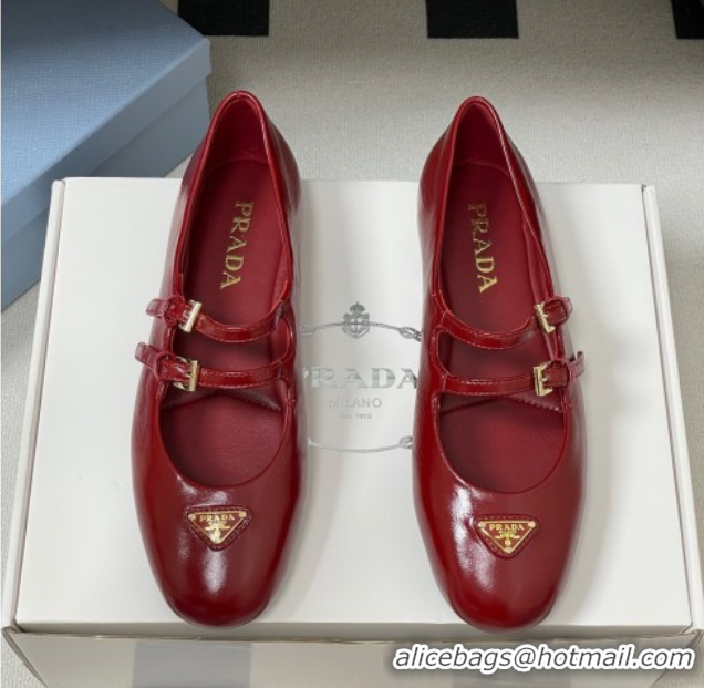 Best Grade Prada Patent Leather ballerinas flat with Double Buckle Red 2025 1F794N 1027102