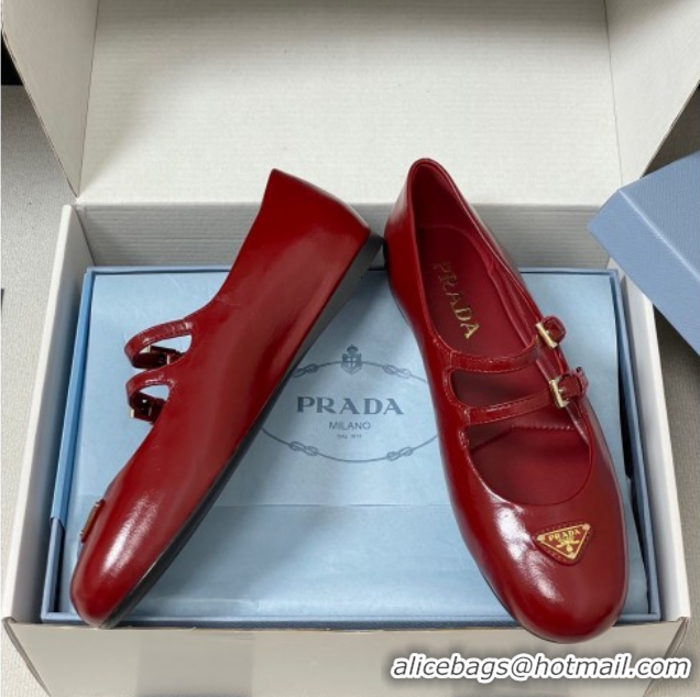 Best Grade Prada Patent Leather ballerinas flat with Double Buckle Red 2025 1F794N 1027102