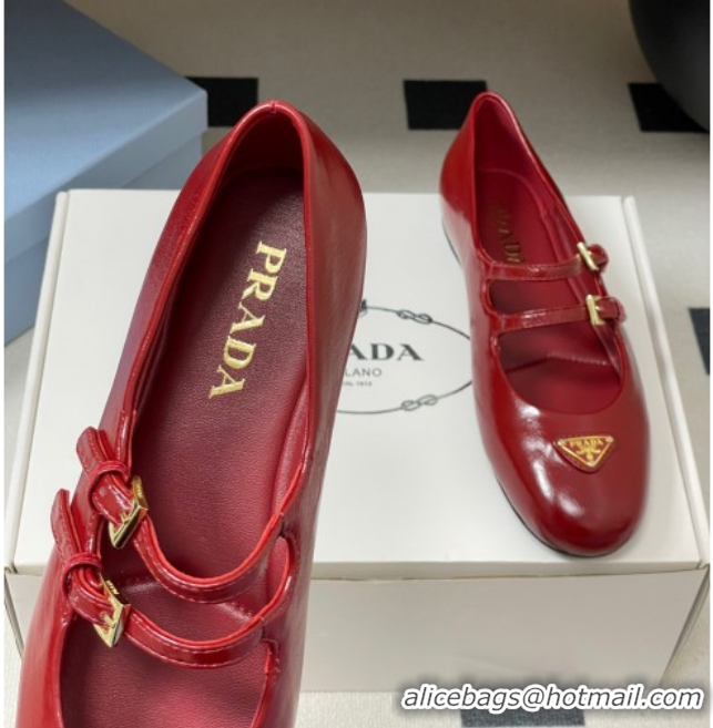 Best Grade Prada Patent Leather ballerinas flat with Double Buckle Red 2025 1F794N 1027102