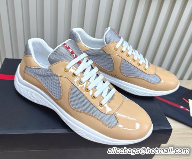 Charming Prada Men's America's Cup Bike Patent Leather and Fabric Sneakers Nude 3E6420 1027113