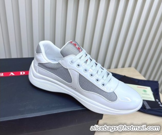 Top Design Prada Men's America's Cup Bike Patent Leather and Fabric Sneakers White 2025 3E6420 1027116