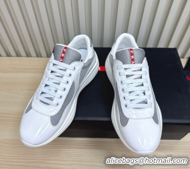 Top Design Prada Men's America's Cup Bike Patent Leather and Fabric Sneakers White 2025 3E6420 1027116