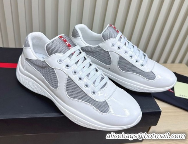 Top Design Prada Men's America's Cup Bike Patent Leather and Fabric Sneakers White 2025 3E6420 1027116