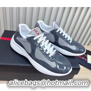 Fashion Prada Men's America's Cup Bike Patent Leather and Fabric Sneakers Dark Grey 2025 3E6420 1027117