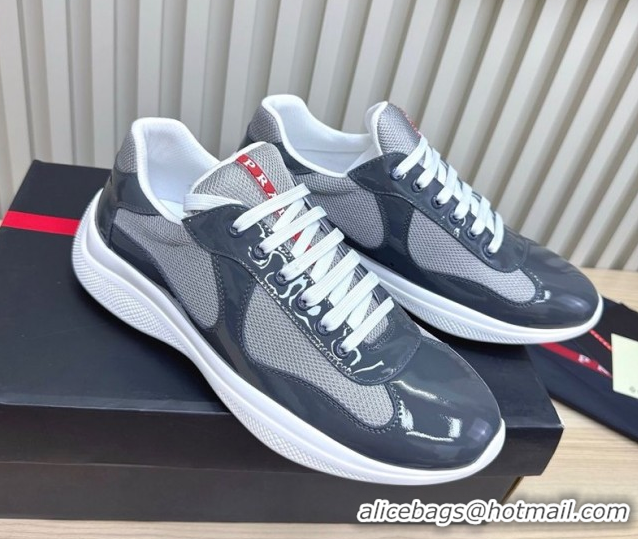 Fashion Prada Men's America's Cup Bike Patent Leather and Fabric Sneakers Dark Grey 2025 3E6420 1027117