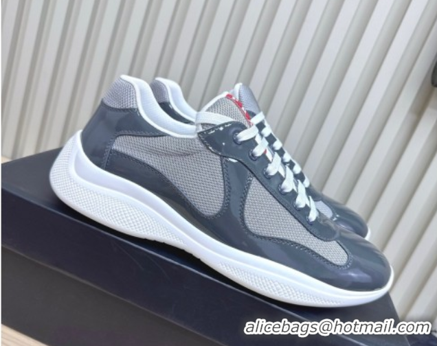 Fashion Prada Men's America's Cup Bike Patent Leather and Fabric Sneakers Dark Grey 2025 3E6420 1027117