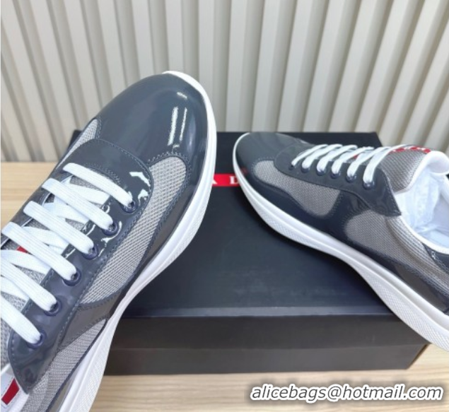 Fashion Prada Men's America's Cup Bike Patent Leather and Fabric Sneakers Dark Grey 2025 3E6420 1027117