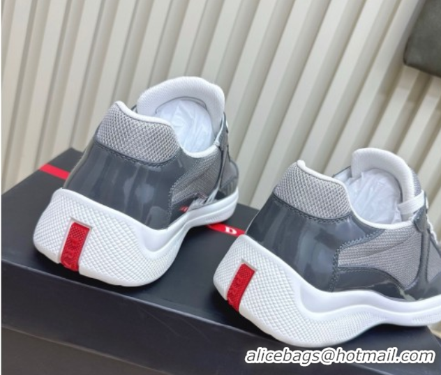 Fashion Prada Men's America's Cup Bike Patent Leather and Fabric Sneakers Dark Grey 2025 3E6420 1027117