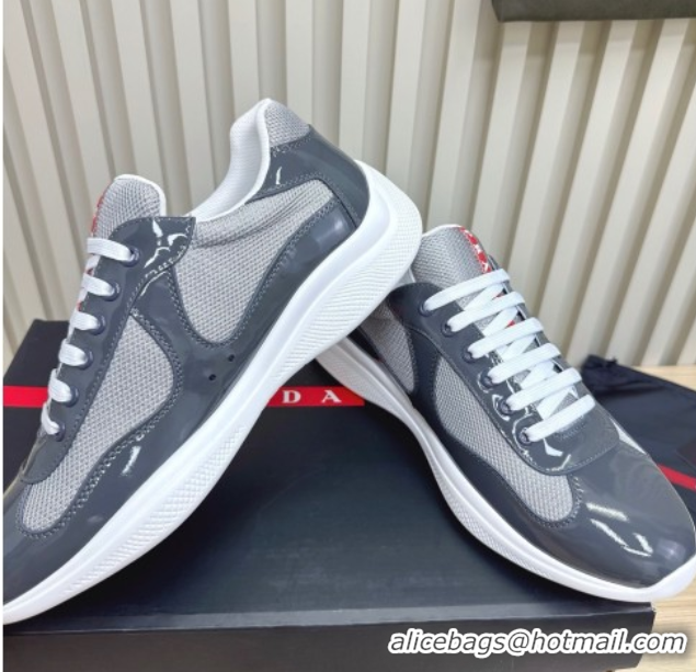 Fashion Prada Men's America's Cup Bike Patent Leather and Fabric Sneakers Dark Grey 2025 3E6420 1027117