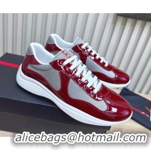 Popular Style Prada Men's America's Cup Bike Patent Leather and Fabric Sneakers Burgundy 2025 3E6420 1027120
