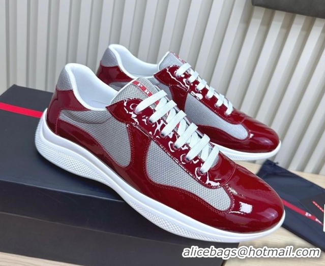 Popular Style Prada Men's America's Cup Bike Patent Leather and Fabric Sneakers Burgundy 2025 3E6420 1027120