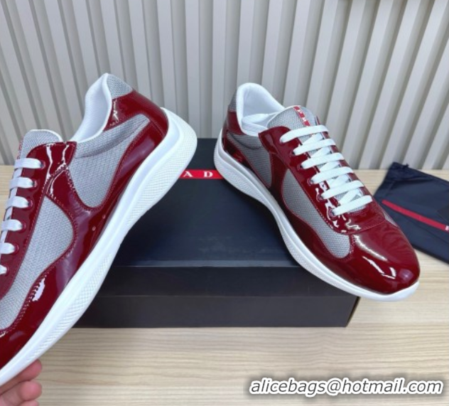 Popular Style Prada Men's America's Cup Bike Patent Leather and Fabric Sneakers Burgundy 2025 3E6420 1027120
