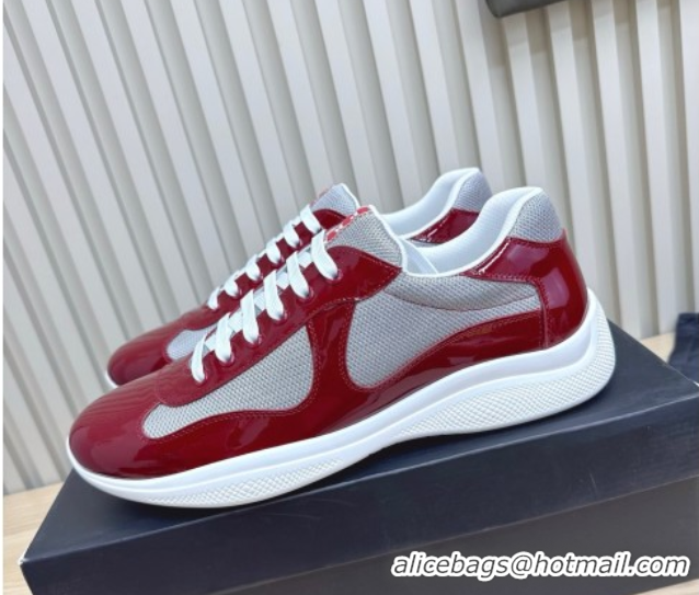 Popular Style Prada Men's America's Cup Bike Patent Leather and Fabric Sneakers Burgundy 2025 3E6420 1027120