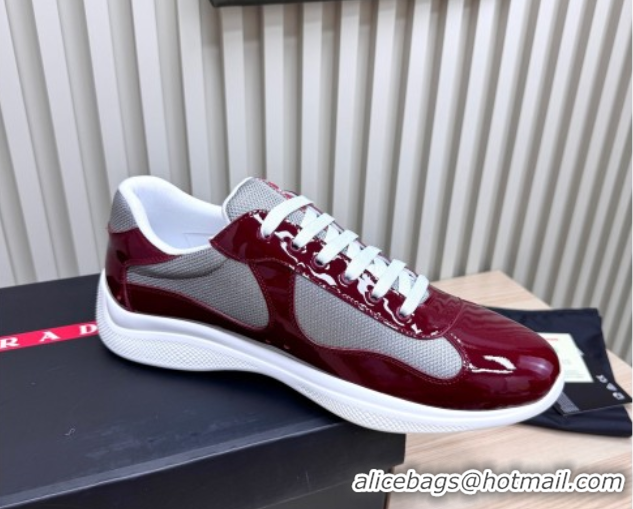 Popular Style Prada Men's America's Cup Bike Patent Leather and Fabric Sneakers Burgundy 2025 3E6420 1027120