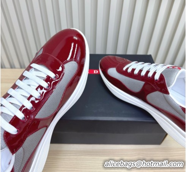 Popular Style Prada Men's America's Cup Bike Patent Leather and Fabric Sneakers Burgundy 2025 3E6420 1027120